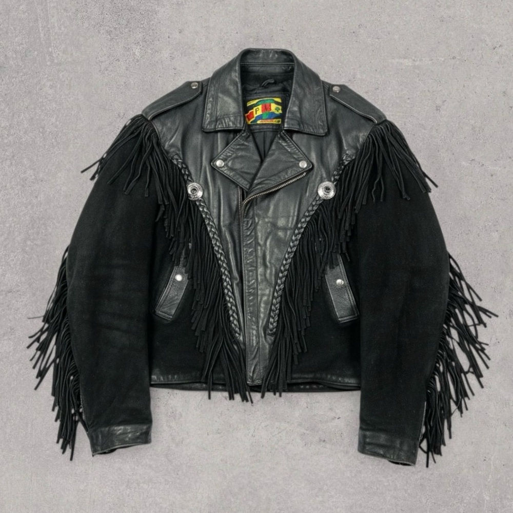 Vintage Black Fringe Leather Biker Jacket